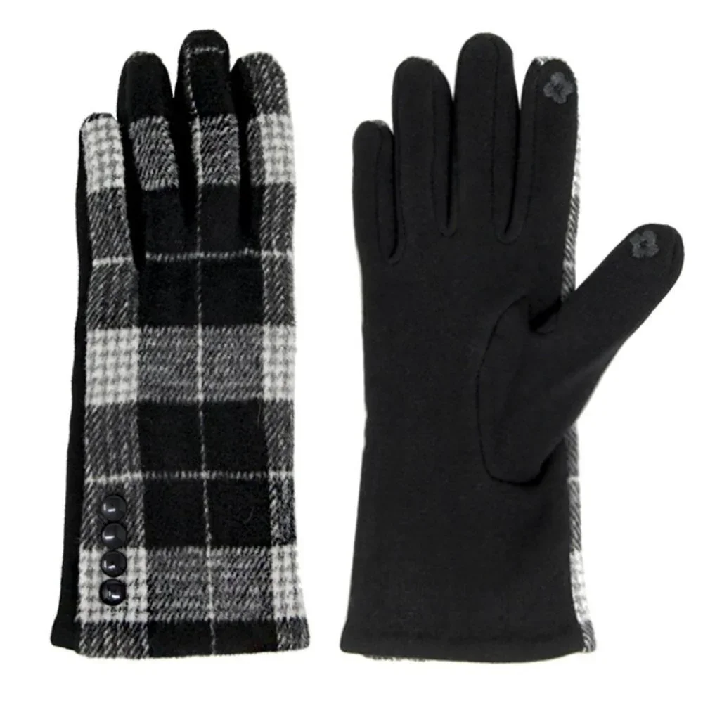 Black Button Plaid Smart Gloves Fleece Lined Smart Touch Text Friend
